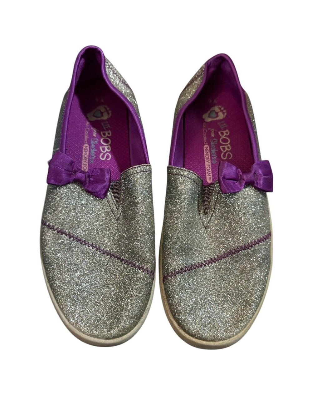Lil Bobs Skechers Memory Foam Glitter Silver Purple Bow Sneaker Slip-On Youth 6